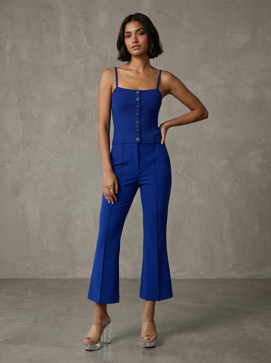 Blue 2 Piece Knit Set with Top and Cropped Pants
