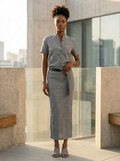 Gray 2 piece Button-Up Sweater and Midi Skirt.